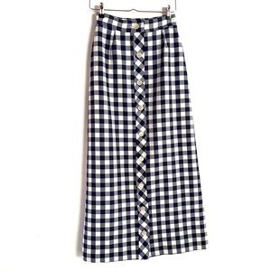 Adelaar Vintage Navy Blue & White Checkered Button Front Long Skirt